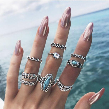 Bohemian Style Carved Feather Turquoise Ring Set