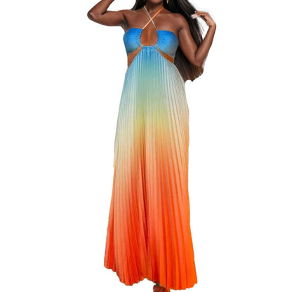 Gradient Color High-Waisted Dress Elegant Backless Maxi Dress