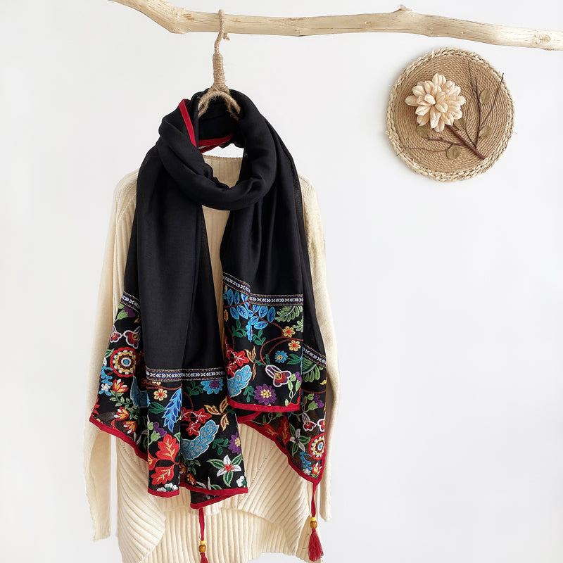 Ethnic Style Shawl Scarf Female Cotton Retro Embroidered Silk Scarf Spring And Autumn Versatile Embroidered Scarf
