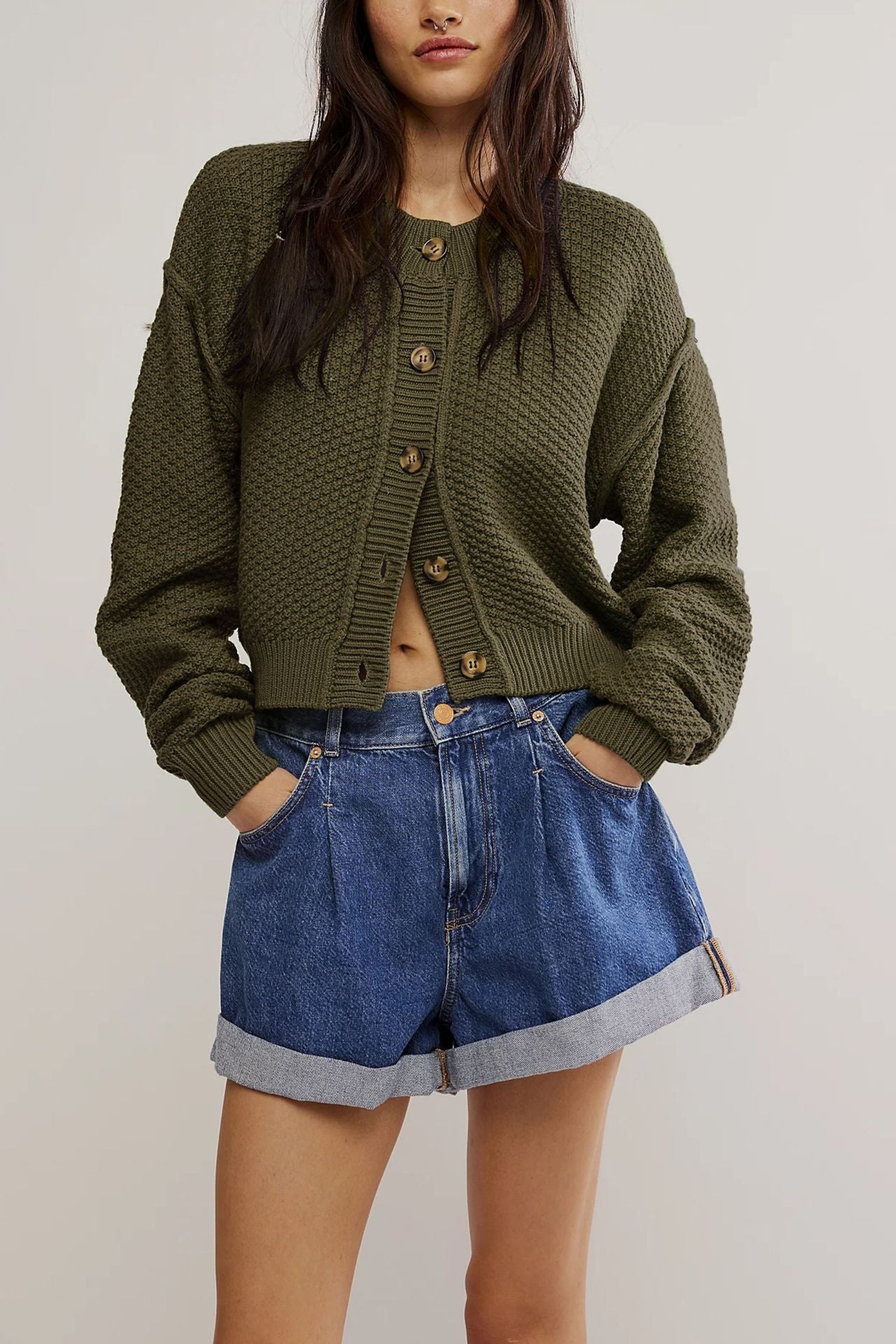 Solid Color Loose Button Knit Crdigan