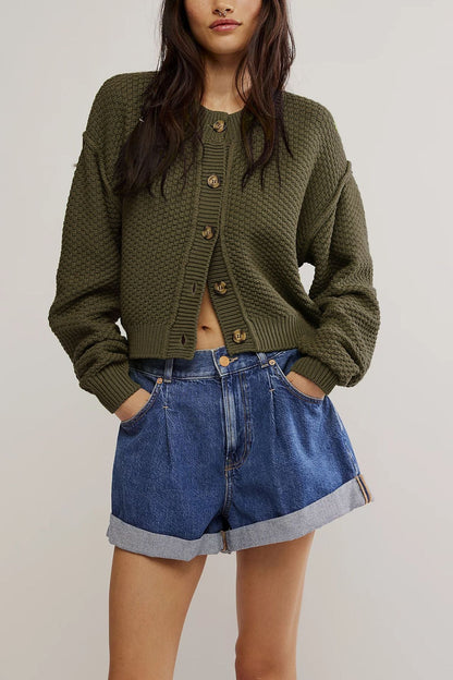 Solid Color Loose Button Knit Crdigan