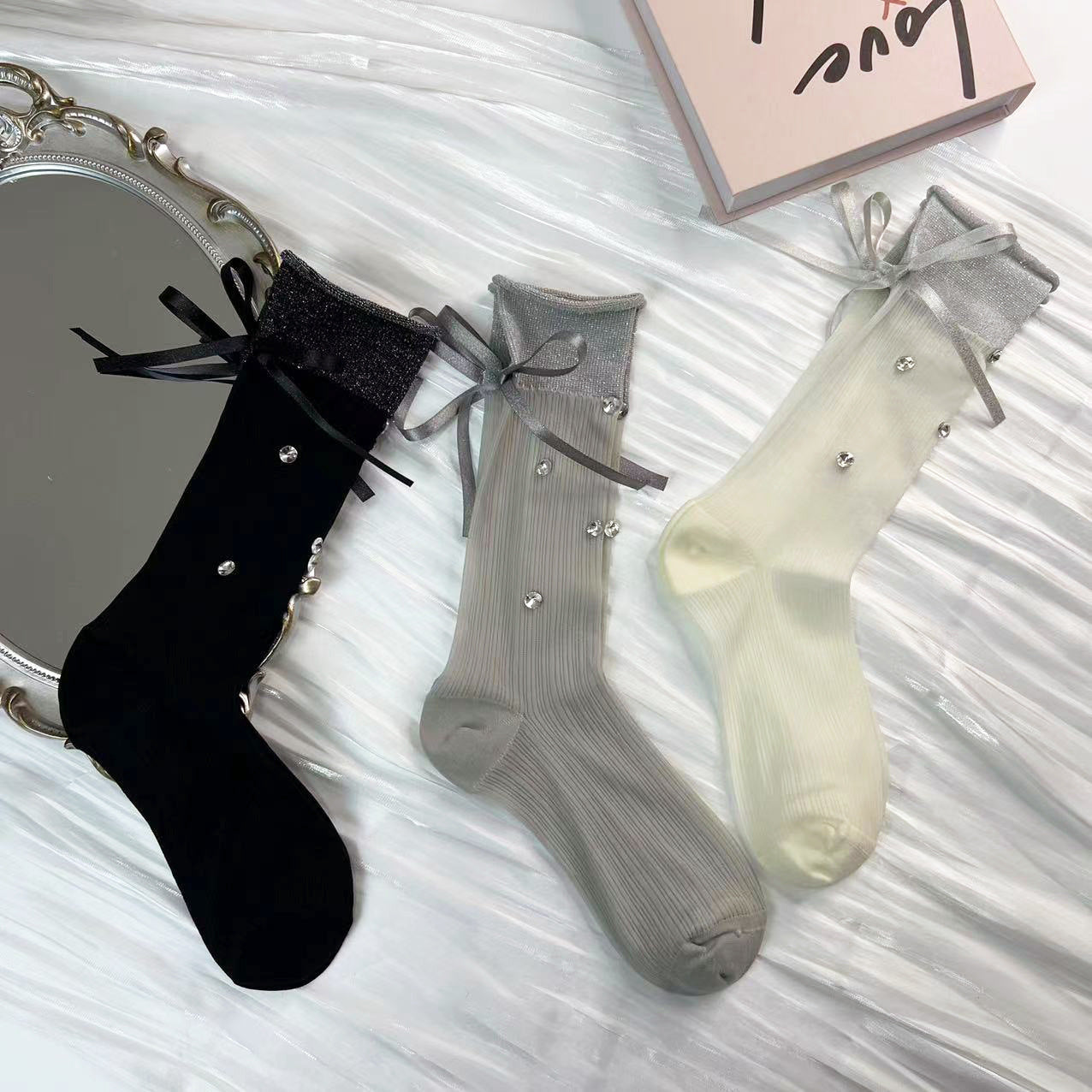 Bow Rhinestone Ruffle Thin Socks