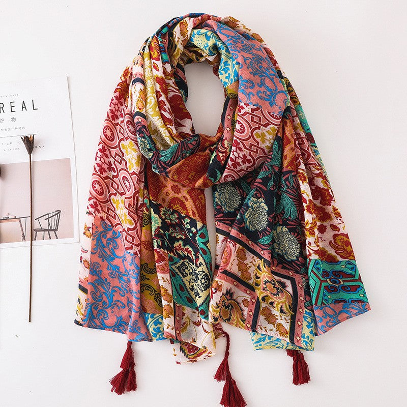 Japanese Literary And Artistic Fresh Cotton And Linen Scarf Retro Patchwork Bohemian Cashew Print Silk Scarf Beautiful Sunscreen Scarf