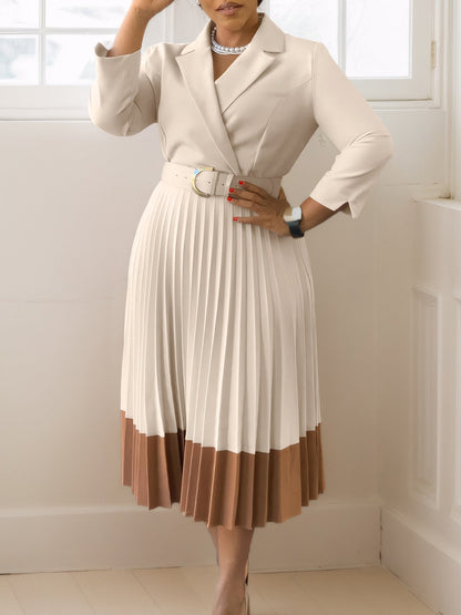 Elegant A-Line Dress With Suit Collar And Pleats