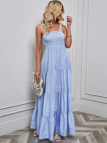 Solid Color Striped Spaghetti Long Dress