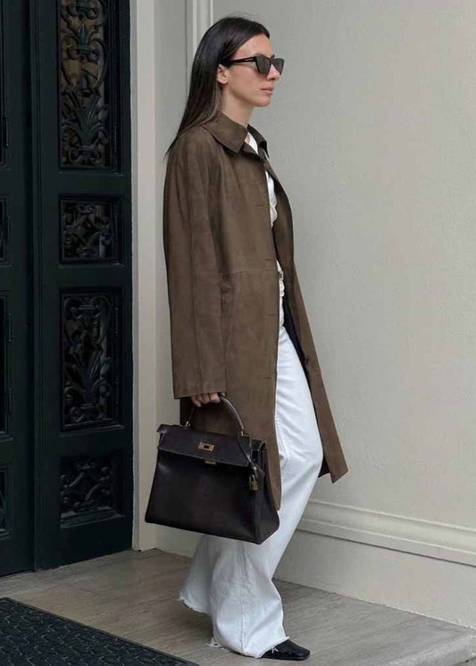 Suede Trench Coat With Tailored Fit And Classic Collar
