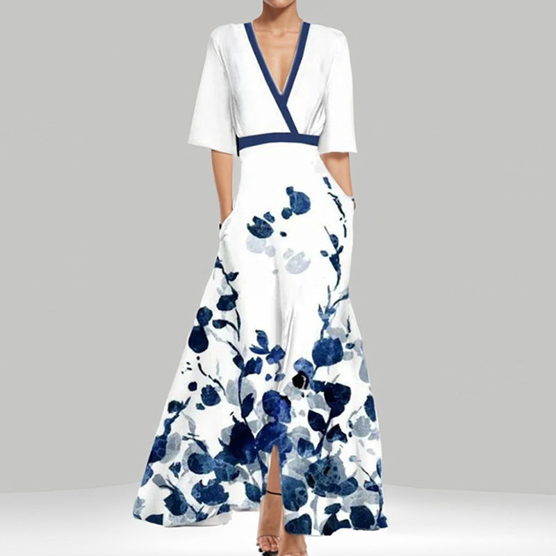 Elegant V-Neck Floral Print Midi Dress