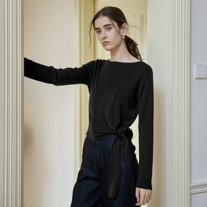 Asymmetrical Waist Tie Knit Top Elegant Casual Long Sleeve