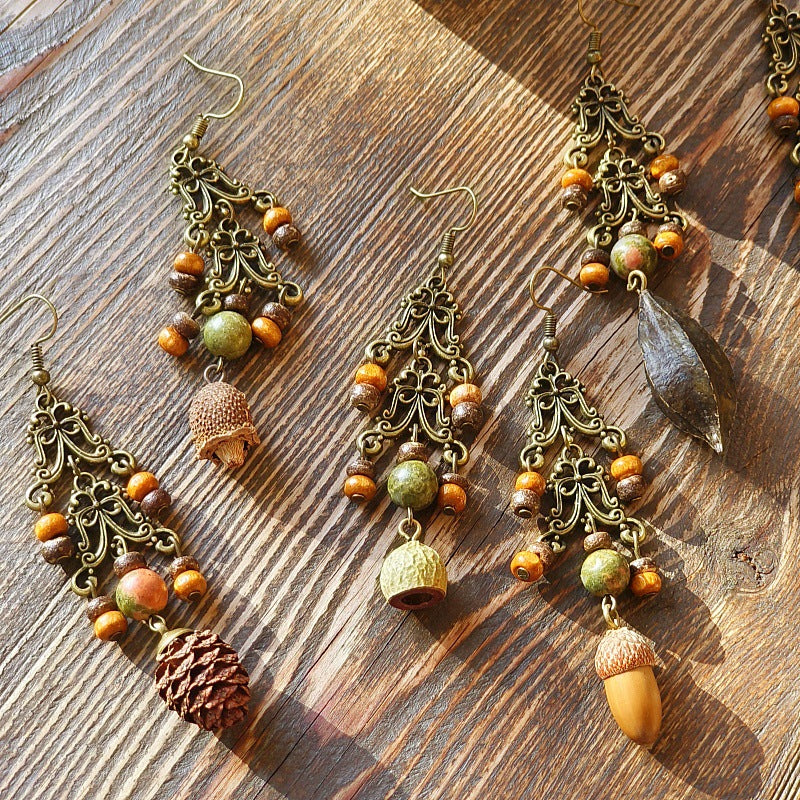 Vintage-Inspired Bohemian Hollow Bead Earrings with Natural Dried Fruits