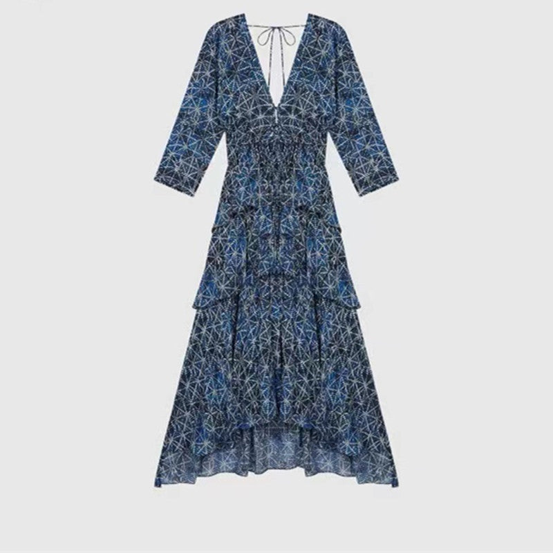 French Print Cake Skirt Temperament Flowing Halter Layered Dress