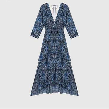 French Print Cake Skirt Temperament Flowing Halter Layered Dress