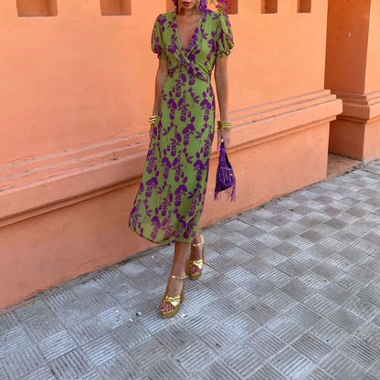 Color Block Floral Maxi Dress Elegant Fit Short Sleeve Dress