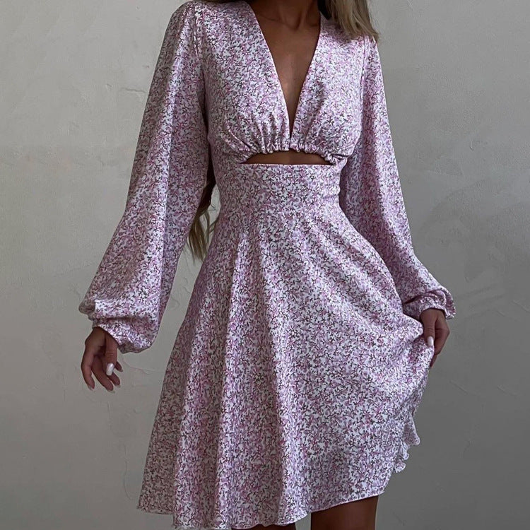 Elegant Floral V-Neck A-Line Dress Casual Polyester Dress