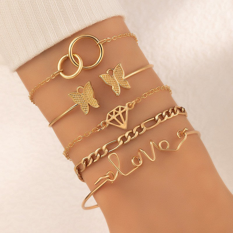 Vintage Geometric Open-Cuff Gold Bracelet Set