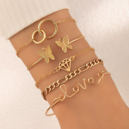 Vintage Geometric Open-Cuff Gold Bracelet Set