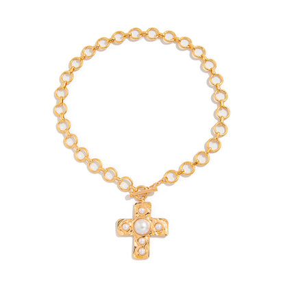 Liquid Metal Cross Pendant Necklace With Beads Elegant Fashion Jewelry