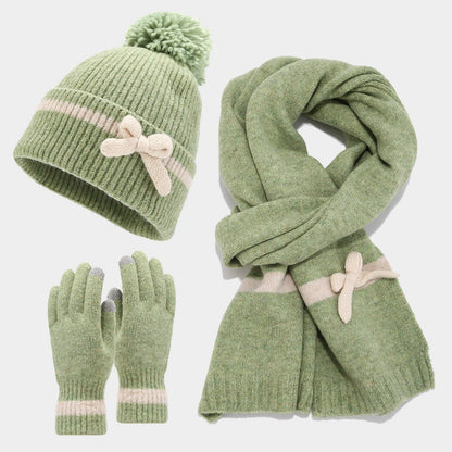 Winter Cute Bow Knot Hat Scarf Gloves Set