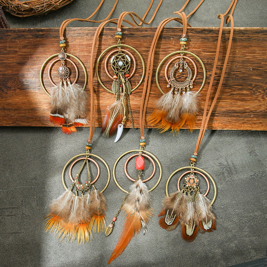 Colorful Feather Pendant Necklace Bohemian Style Butterfly Jewelry