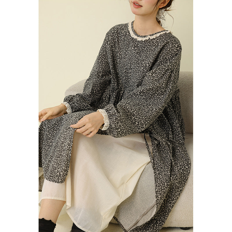 Floral Print Long Sleeve Cotton Linen Dress