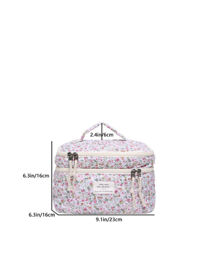 Flower Print Large Capacity Quilted Makeup Bag