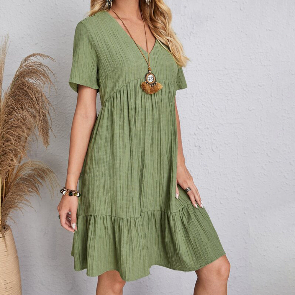V-Neck Solid Color Short Sleeves Mini Dress