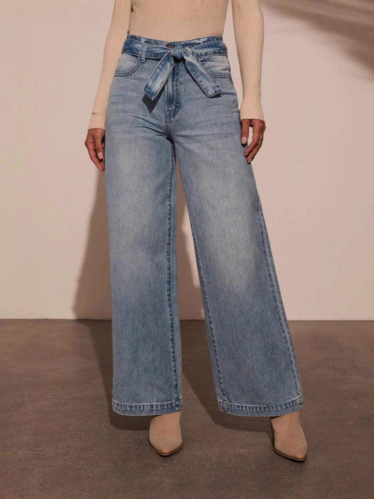 High-Waisted Belted Wash Denim Wide-Leg Pants