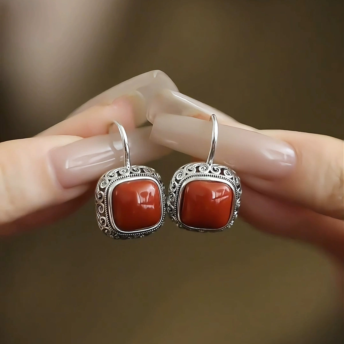 925 Silver Retro New Tibetan Square Earrings Hollow Women'S Curly Grass Pattern Women'S Old Earrings