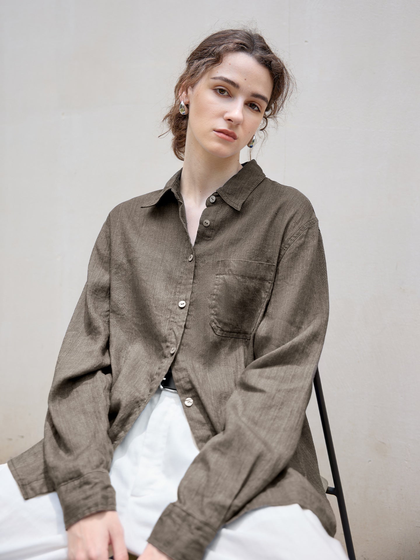Elegant Linen Long Sleeve Shirt for Women in Solid Colors