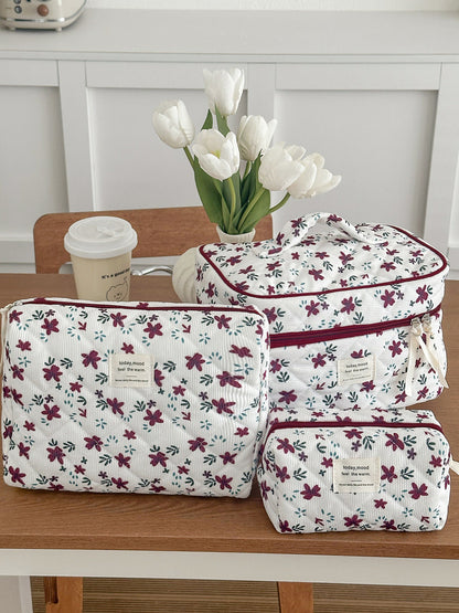 Burgundy Floral Corduroy Makeup Bag Large Capacity Travel Organizer