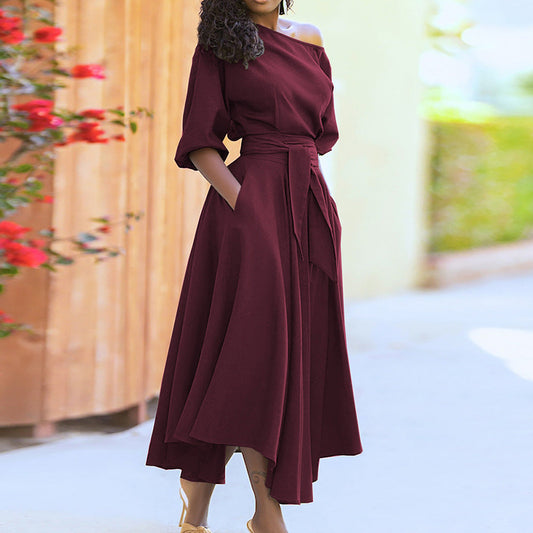 Slant Shoulder Maxi Dress With Tie Waist