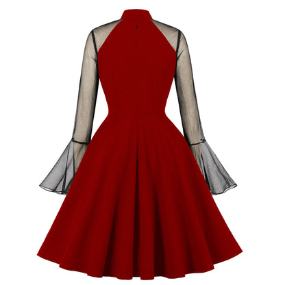 Vintage Bell Sleeve Mesh Panel Midi Dress