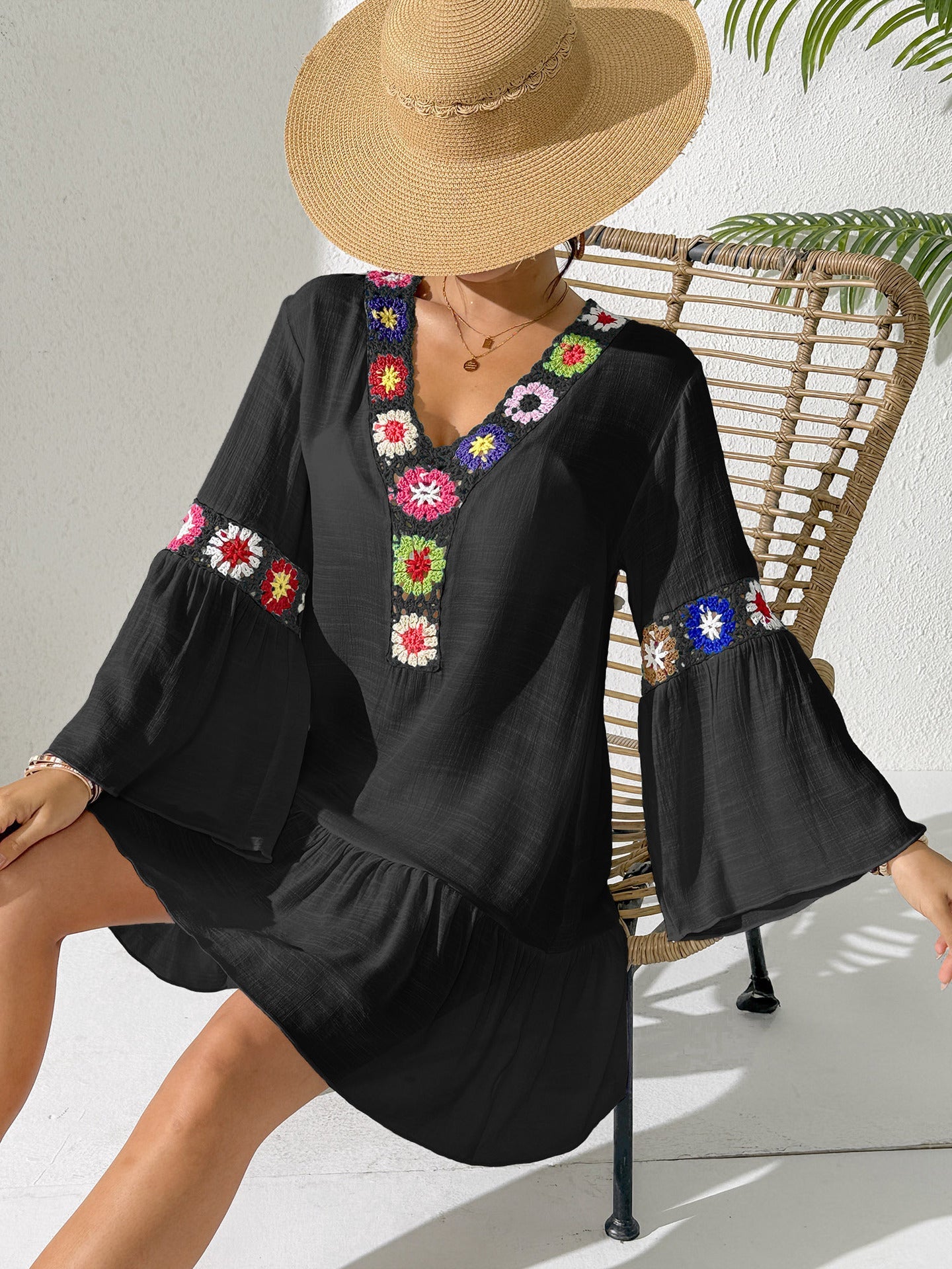 Women'S Bohemian Ruffle Beach Dress V-Neck Crochet A-Line Dress