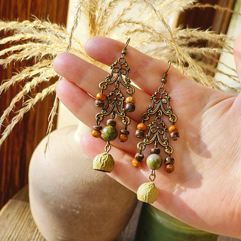 Vintage-Inspired Bohemian Hollow Bead Earrings with Natural Dried Fruits