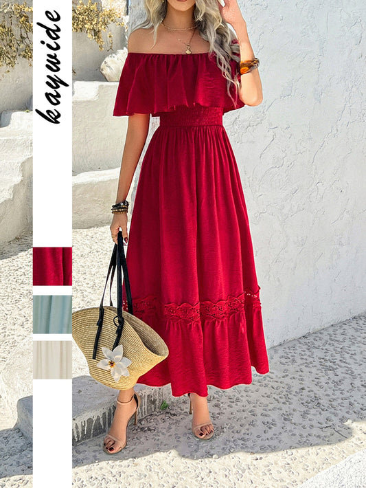 Off-Shoulder Waist-Defined Maxi Dress with Ruffle Sleeves