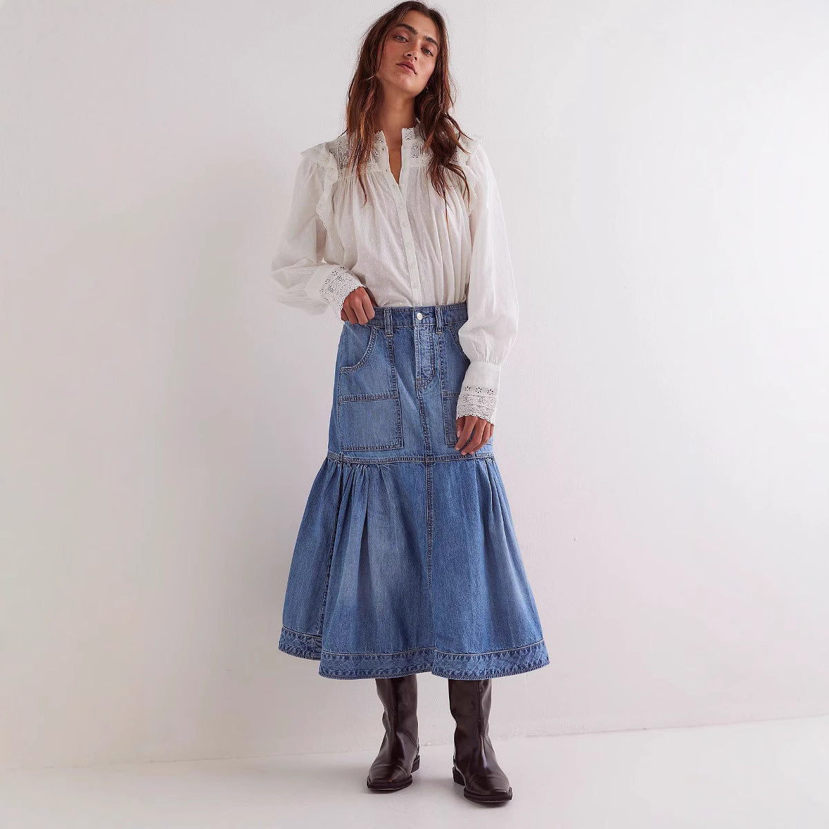 High-Waisted A-Line Denim Skirt Casual Vintage Style