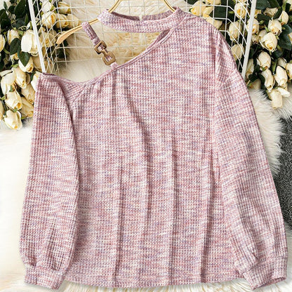 Shoulder Cutout Pink Sweater Cozy Casual Pullover