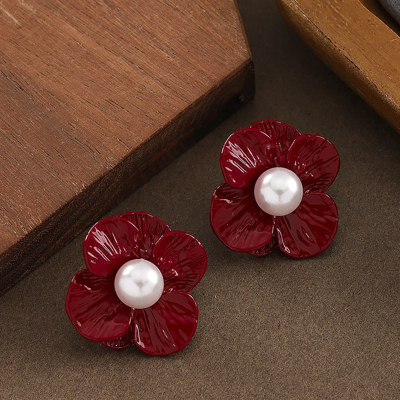 Chic Klein Blue Floral Pearl Earrings With Silver Pins