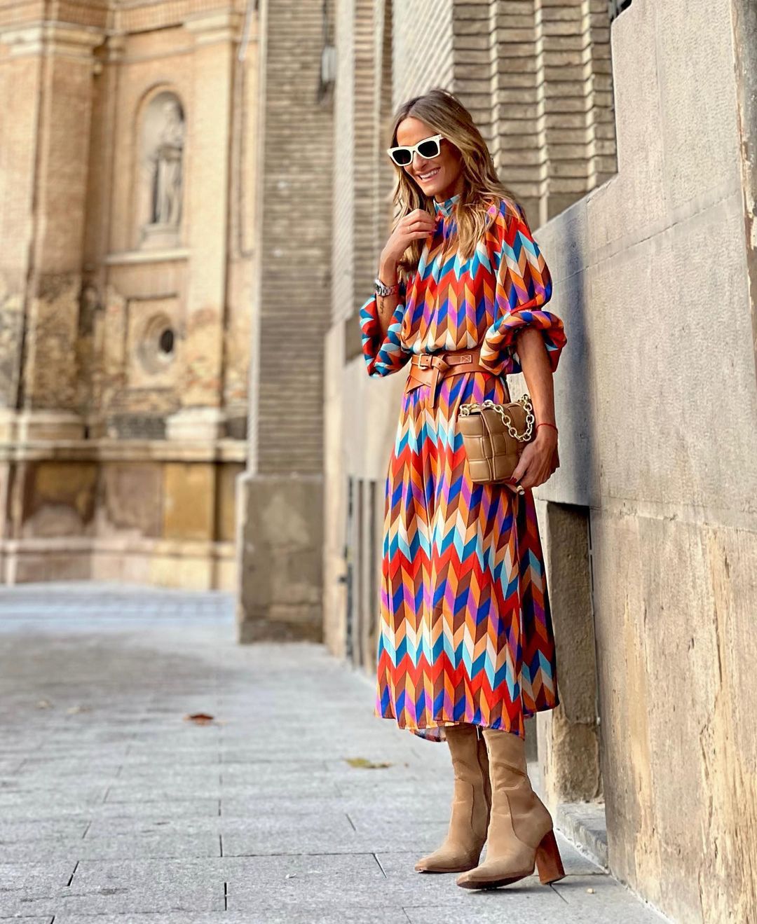 Mid-Sleeve Print Cinched-Waist A-Line Dress Oversized Women'S Maxi Dress