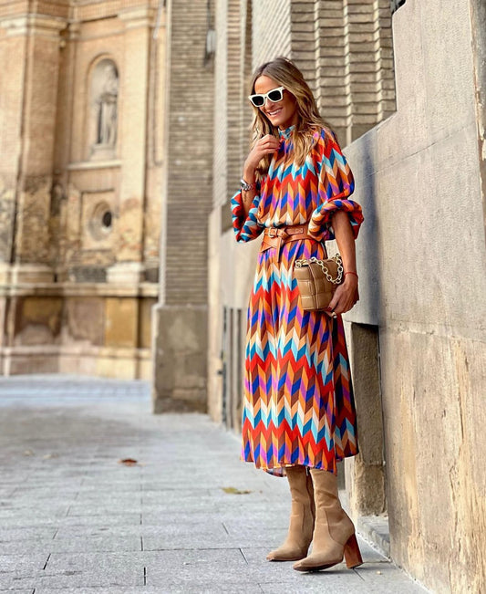 Mid-Sleeve Print Cinched-Waist A-Line Dress Oversized Women'S Maxi Dress