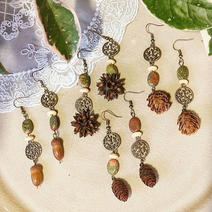 Vintage Leaf Design Handmade Earrings with Natural Green Stone