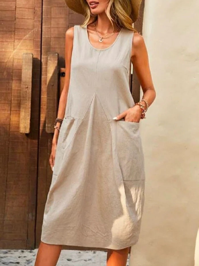 Casual Dress Cotton Linen Sleeveless Solid Amazon Loose U-Neck Dress