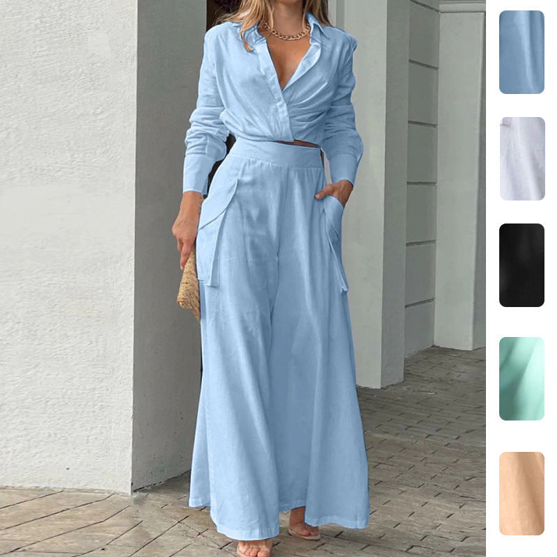 Casual Wide-Leg Pants Set with Pockets in Solid Colors