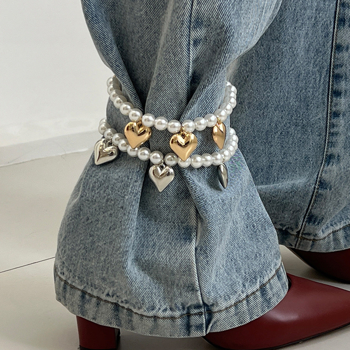 Trendy Pearl Beaded Anklet With Heart Pendant And Tassels