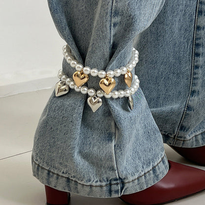 Trendy Pearl Beaded Anklet With Heart Pendant And Tassels
