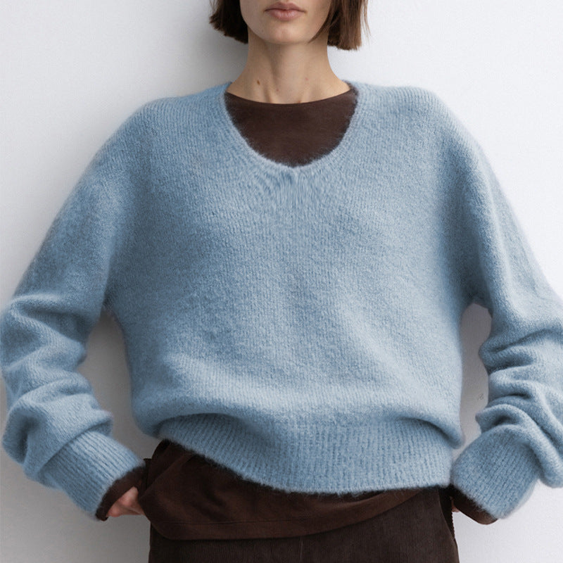 V-Neck Warm Knit Sweater with Rabbit Hair for Casual Elegance