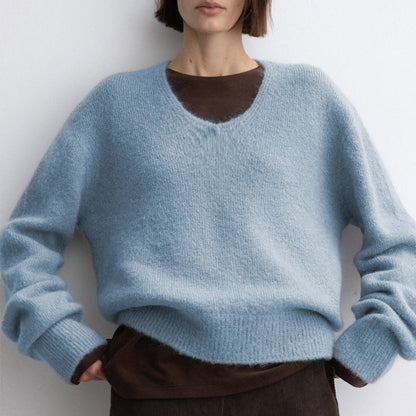 V-Neck Warm Knit Sweater with Rabbit Hair for Casual Elegance