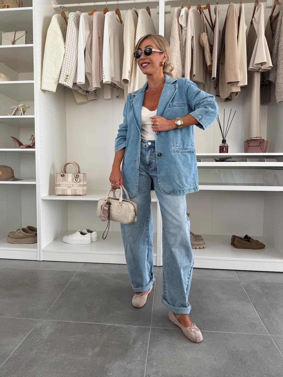 Casual Loose-Fit Light Blue Denim Blazer for Women