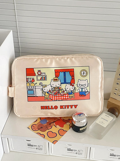 Cat Print Satin Cosmetic Bag Cute Cartoon Travel Organizer
