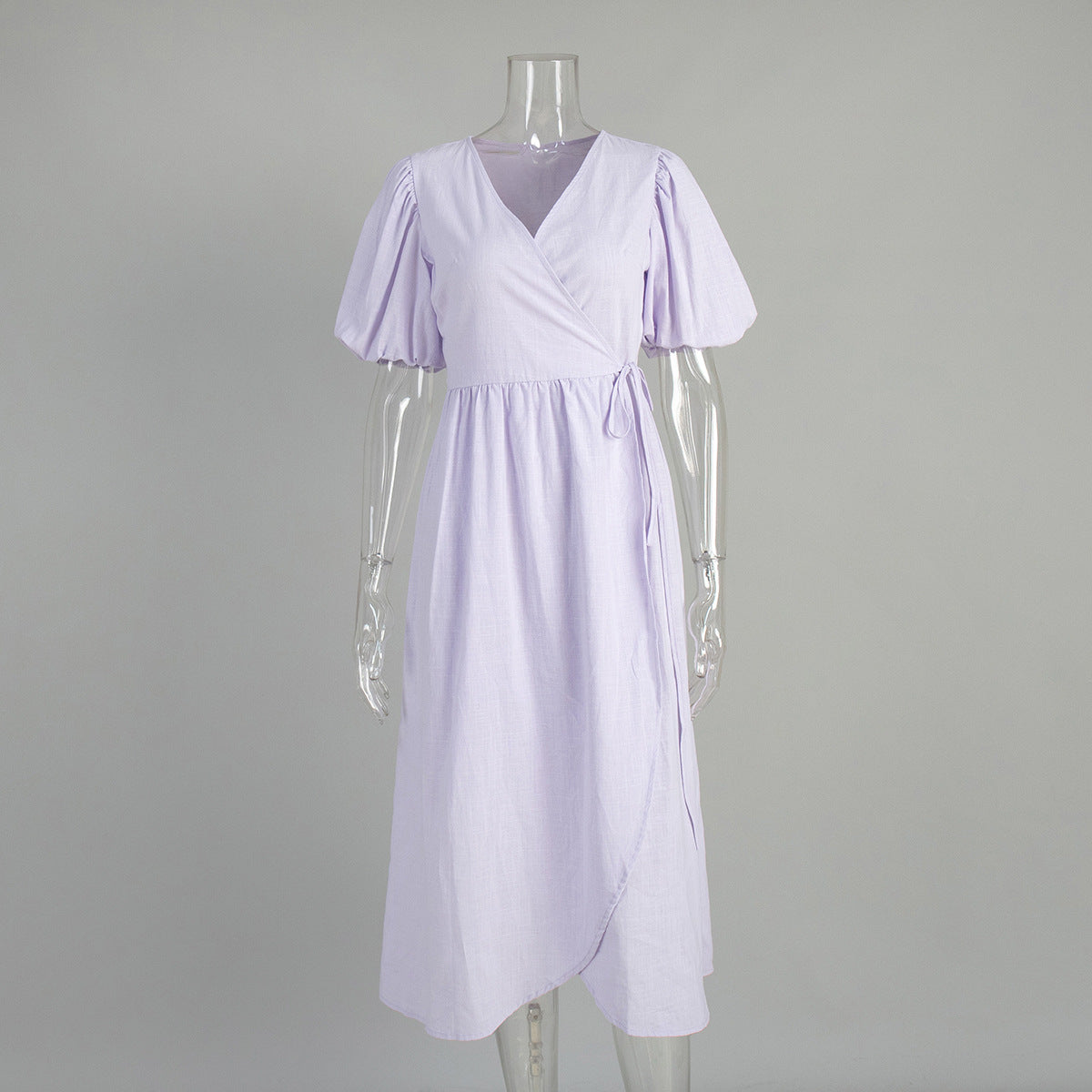 Casual Cotton Tie Front Maxi Dress with Puff Sleeves