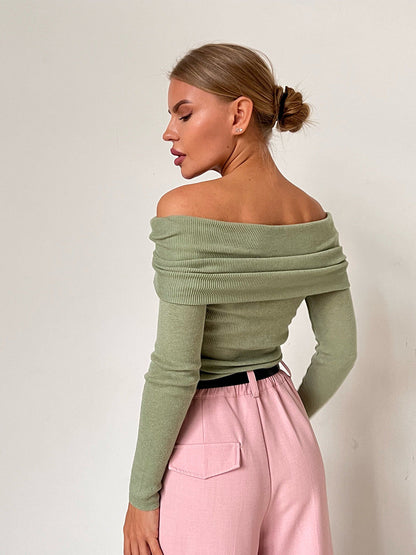 Off-Shoulder Knit Top Solid Color Slim Fit Long Sleeve Sweater